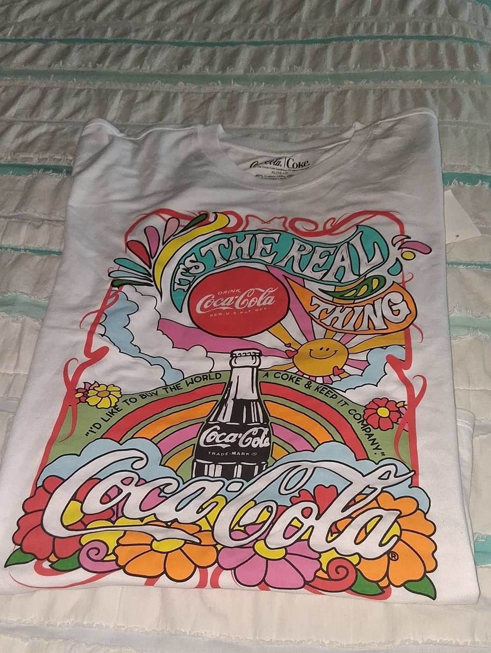 Coca Cola White Womans Short Sleeve Tee with Retro Multicolor Graphic